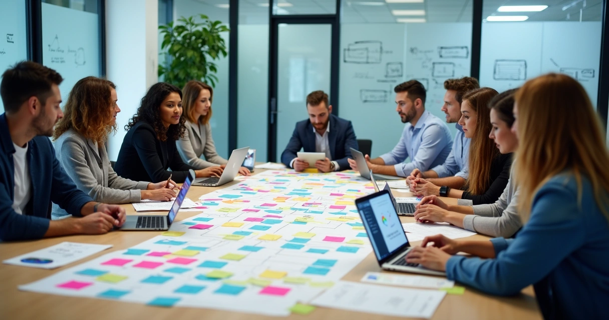 Team of automation specialists discussing workflow diagrams at a table