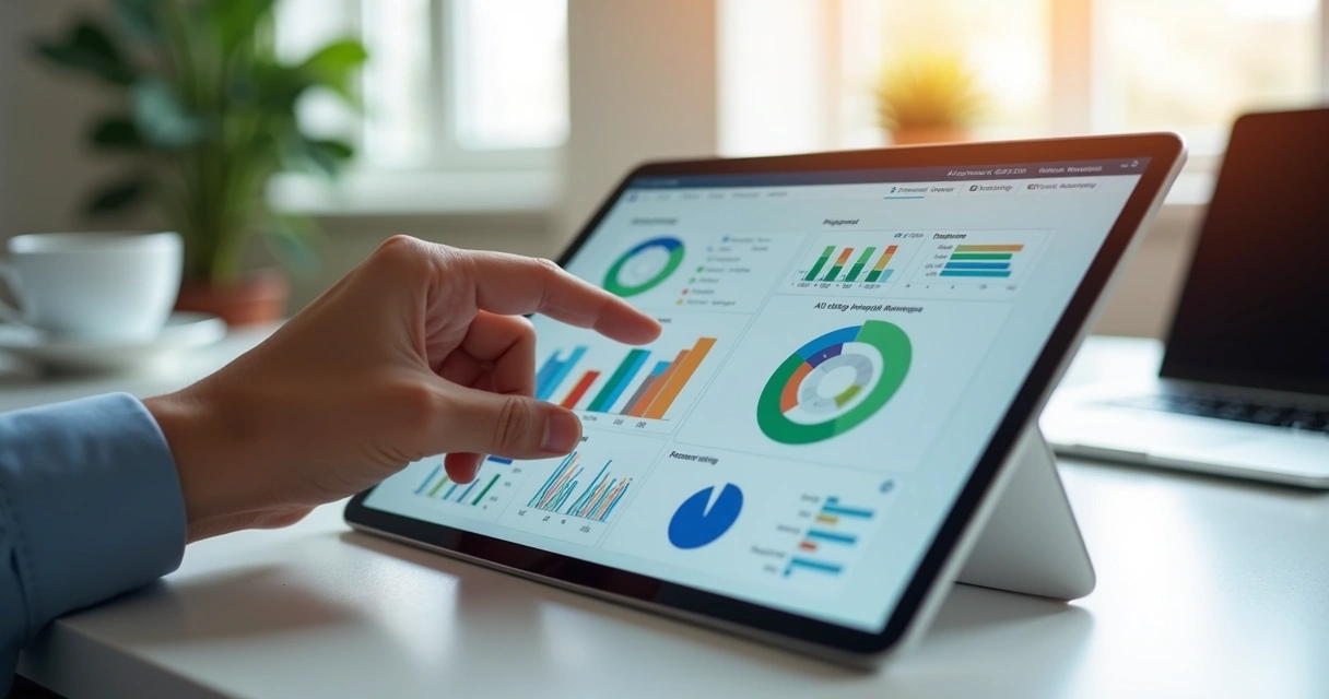 Mão usando tablet com dashboard de análise de crédito e gráficos de dados financeiros 