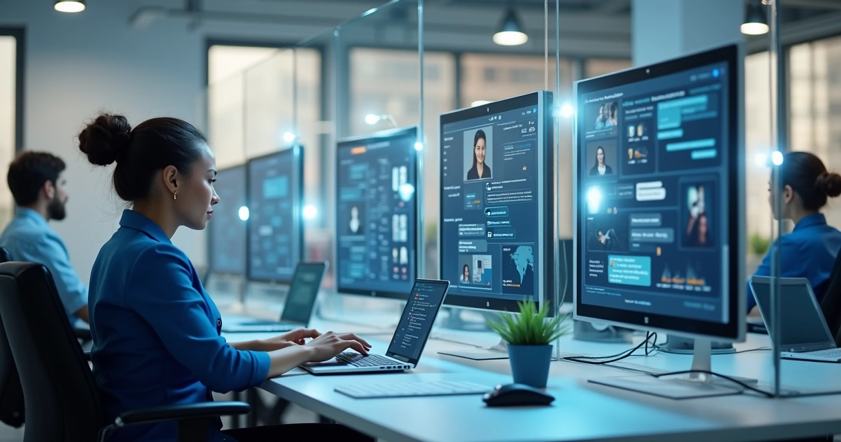 Equipe atendendo clientes com auxílio de sistemas automatizados 