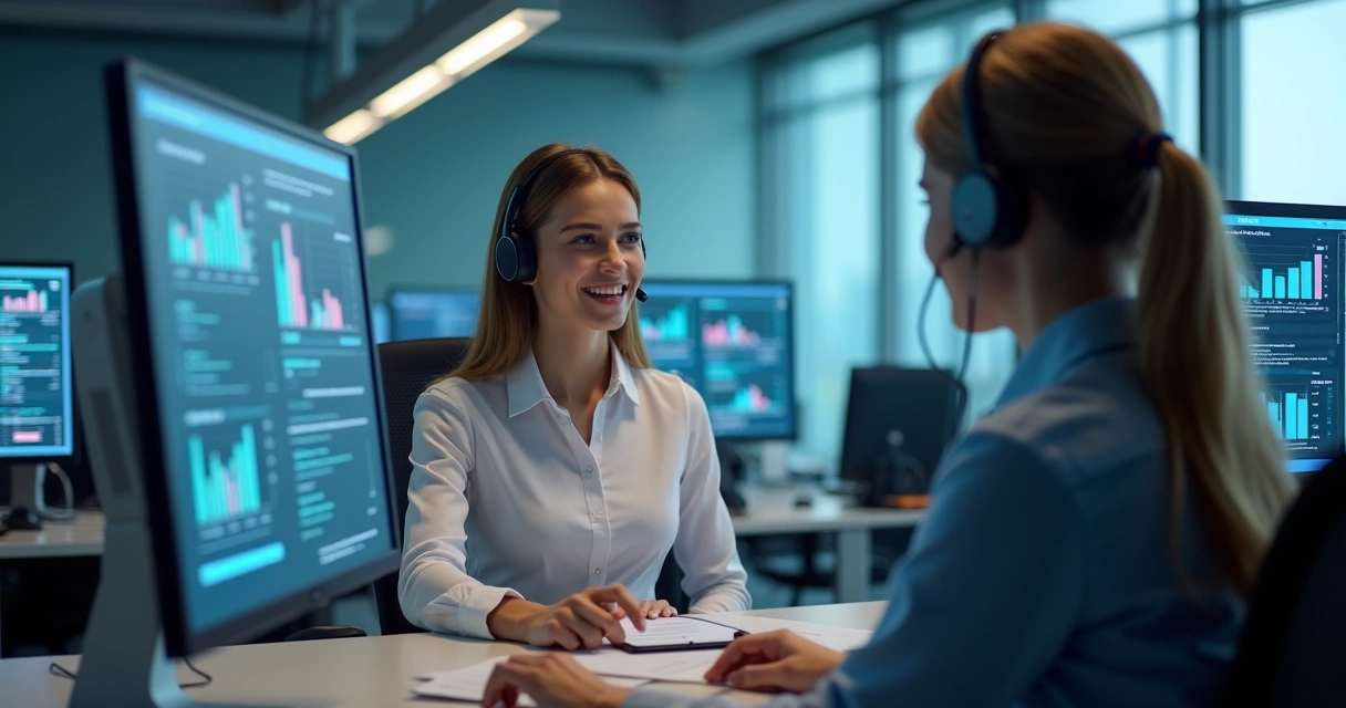 Atendente humano conversando com cliente enquanto chatbot resolve fila virtual 