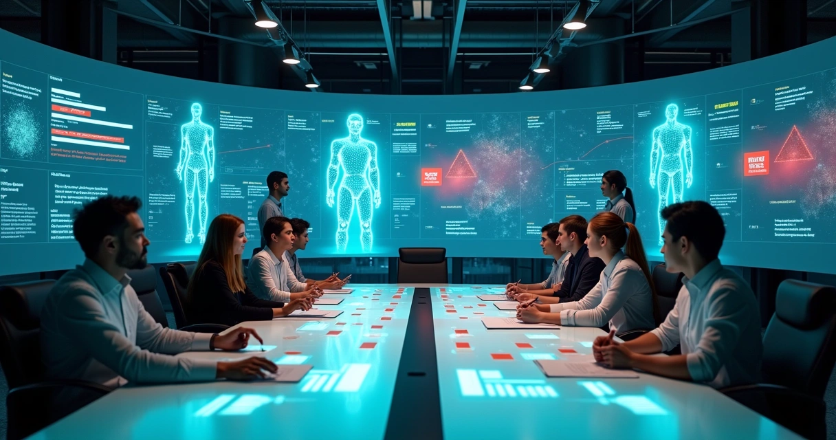 Sala de suporte com equipe humana revisando chamadas frustradas em monitores ao lado de bots de atendimento 