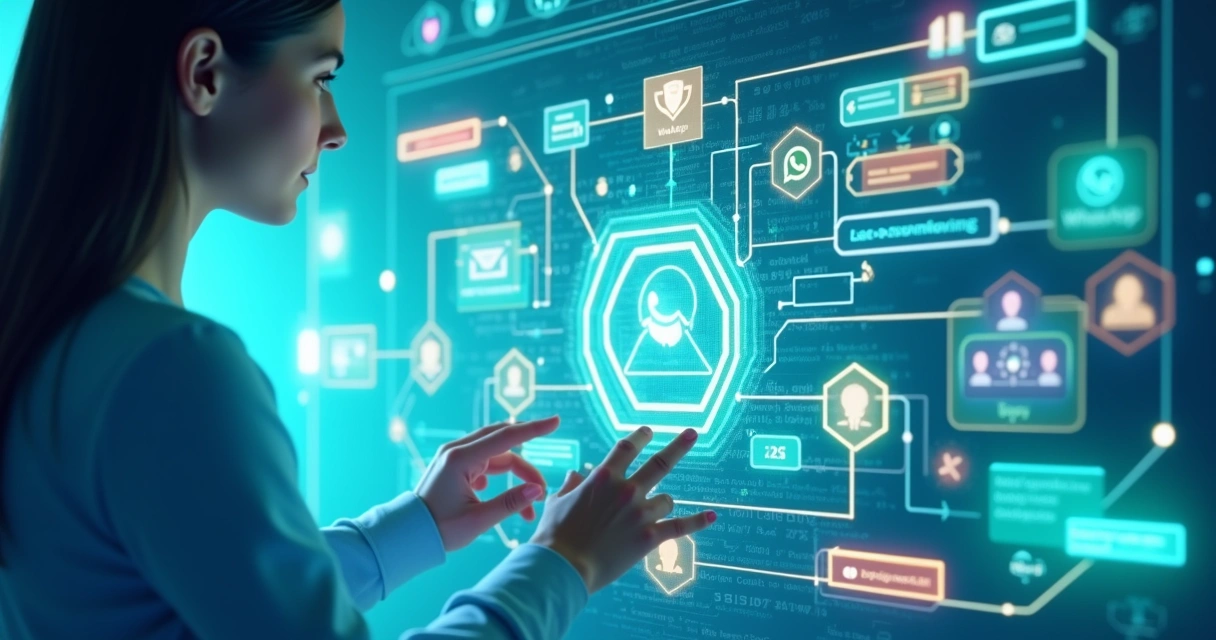 Painel de automação de atendimento com ícones do WhatsApp, alertas e fluxos automáticos 