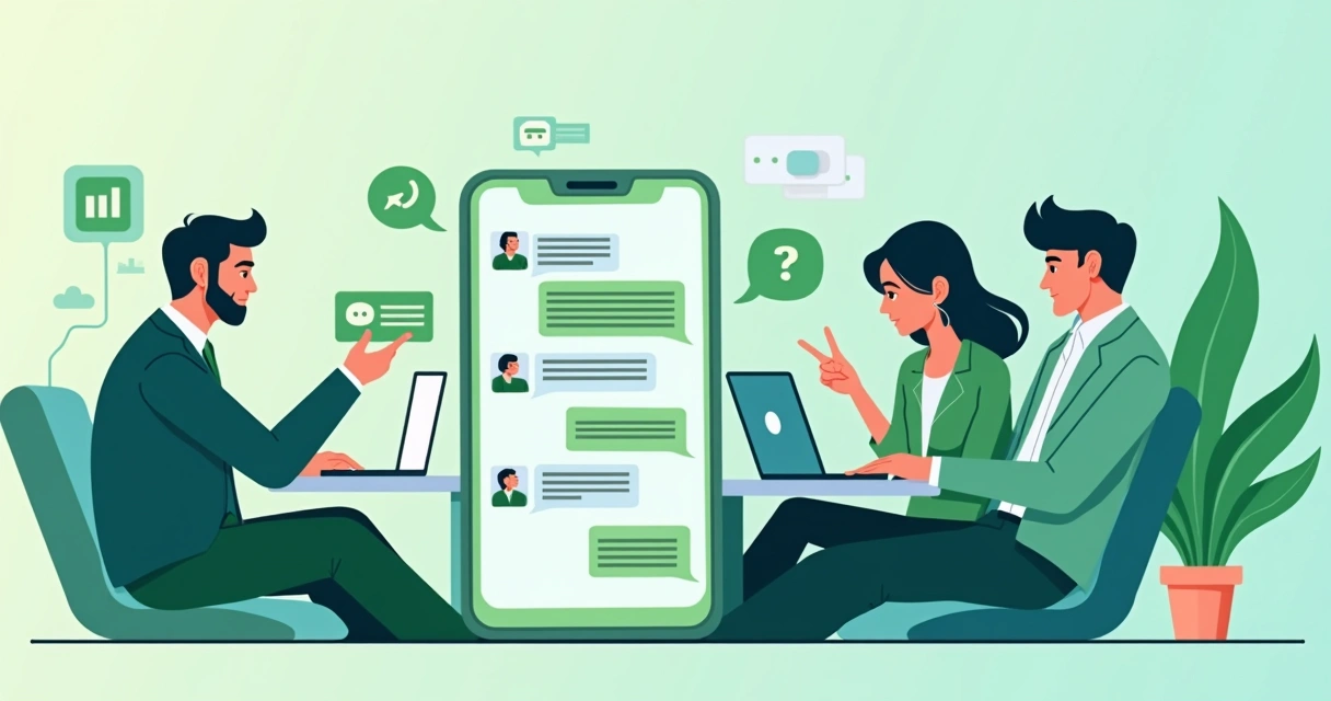 Ilustração de atendimento automatizado via WhatsApp com consultores humanos ao fundo. 