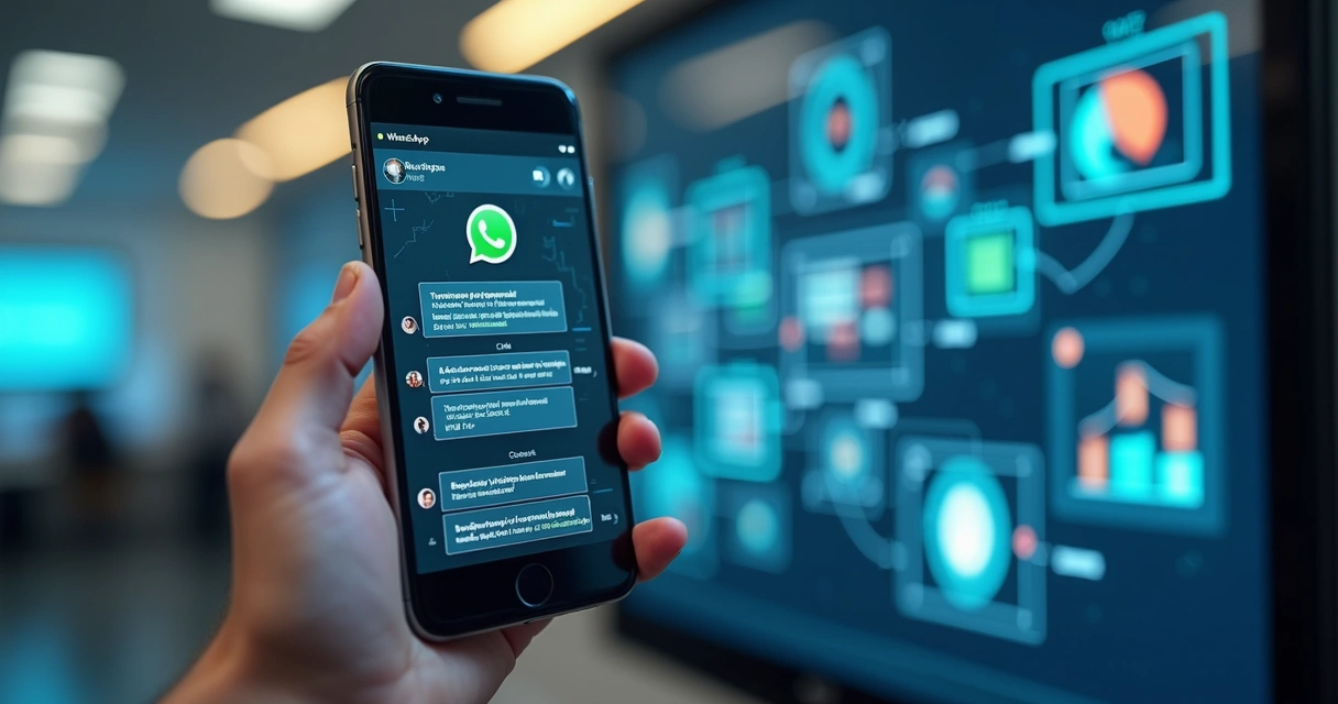 Tela de smartphone mostrando interface de chatbot no WhatsApp integrada a CRM Kanban com gráficos de vendas e mensagens automáticas 