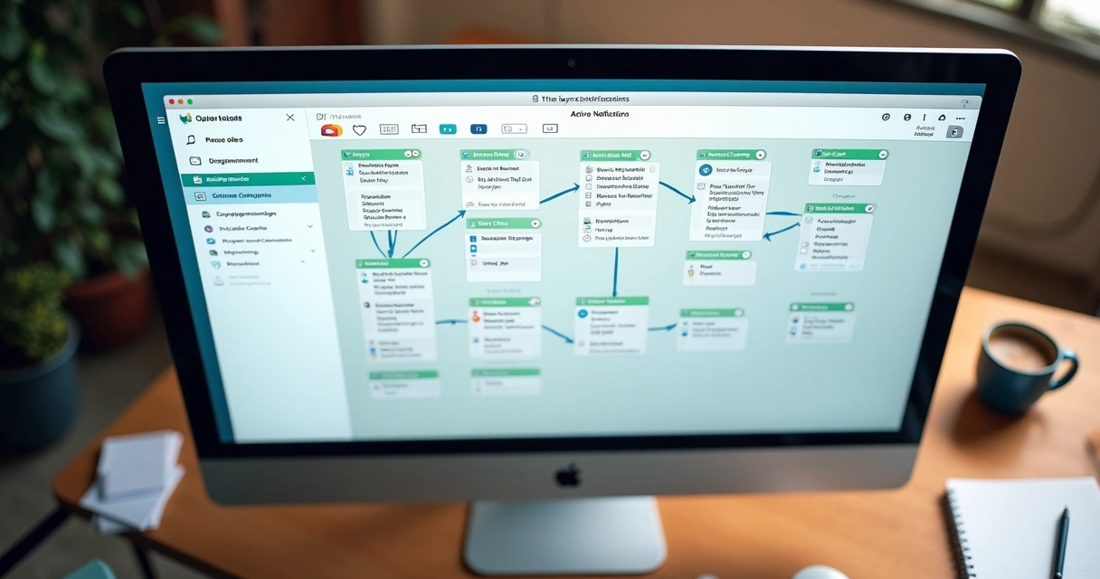 Processo visual de automação entre calendário e bancos de dados do Notion, exposto em tela detalhada