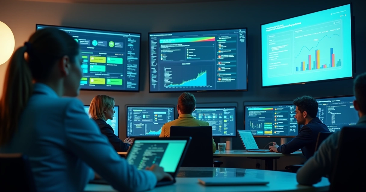 Equipe monitorando automação de dados de clientes em tela digital 