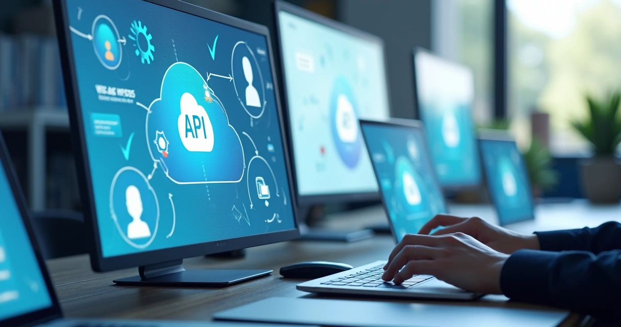 Computadores sobre mesa exibindo fluxos de cadastro automático em SaaS