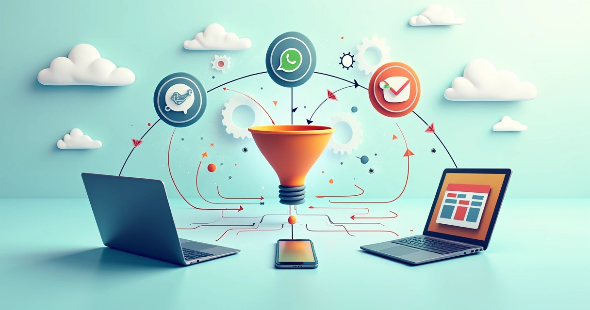 Ilustração de automação conectando WhatsApp, e-mail e funil de vendas 