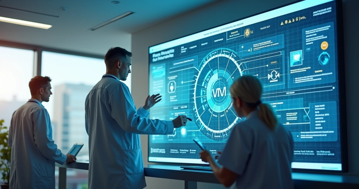 Painel digital mostrando fluxograma de processos automatizados em clínica