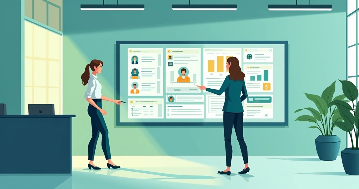 Funcionária interagindo com bot em painel digital 