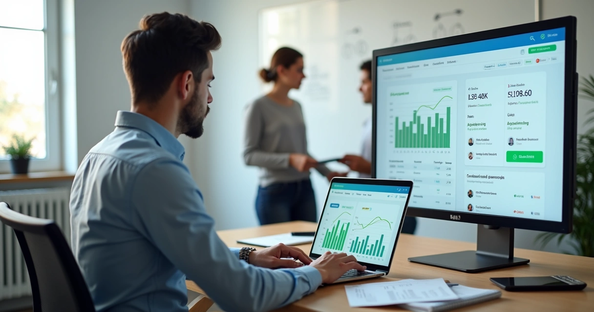 Gestor de PME analisando conciliação bancária automatizada em dashboard financeiro no notebook 
