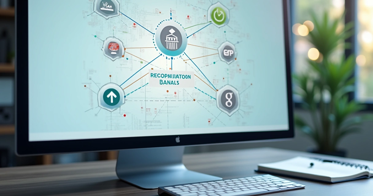 Tela de computador mostrando integração automatizada de sistemas financeiros e bancários