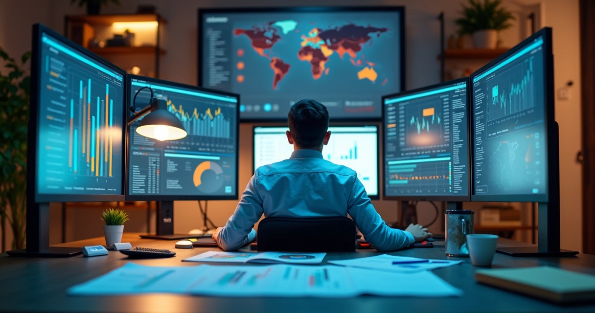 Profissional de contabilidade usando computador com gráficos e documentos digitalizados