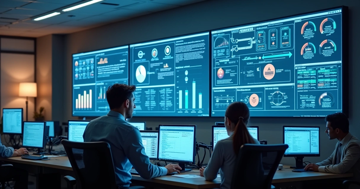 Escritório moderno com telas mostrando automação de processos contábeis 
