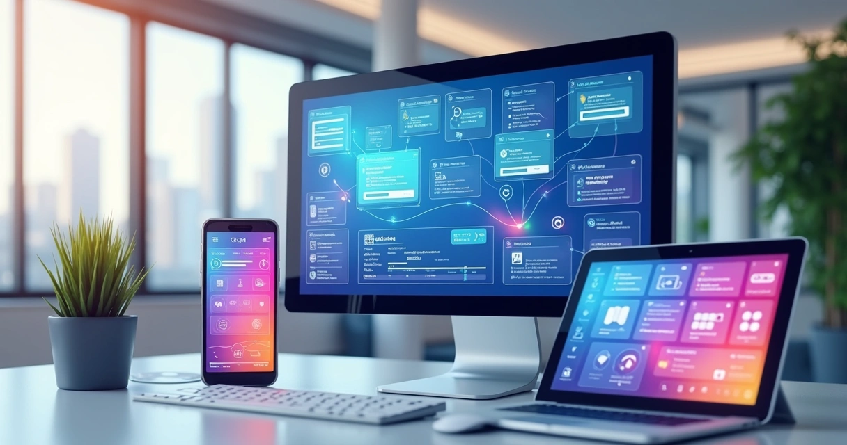Ilustração de telas de automação comercial e mensagens automáticas conectando clientes e empresa 