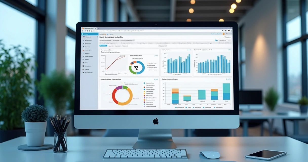 Tela de computador exibindo dashboard digital de contratos imobiliários automatizados e gráficos de auditoria 