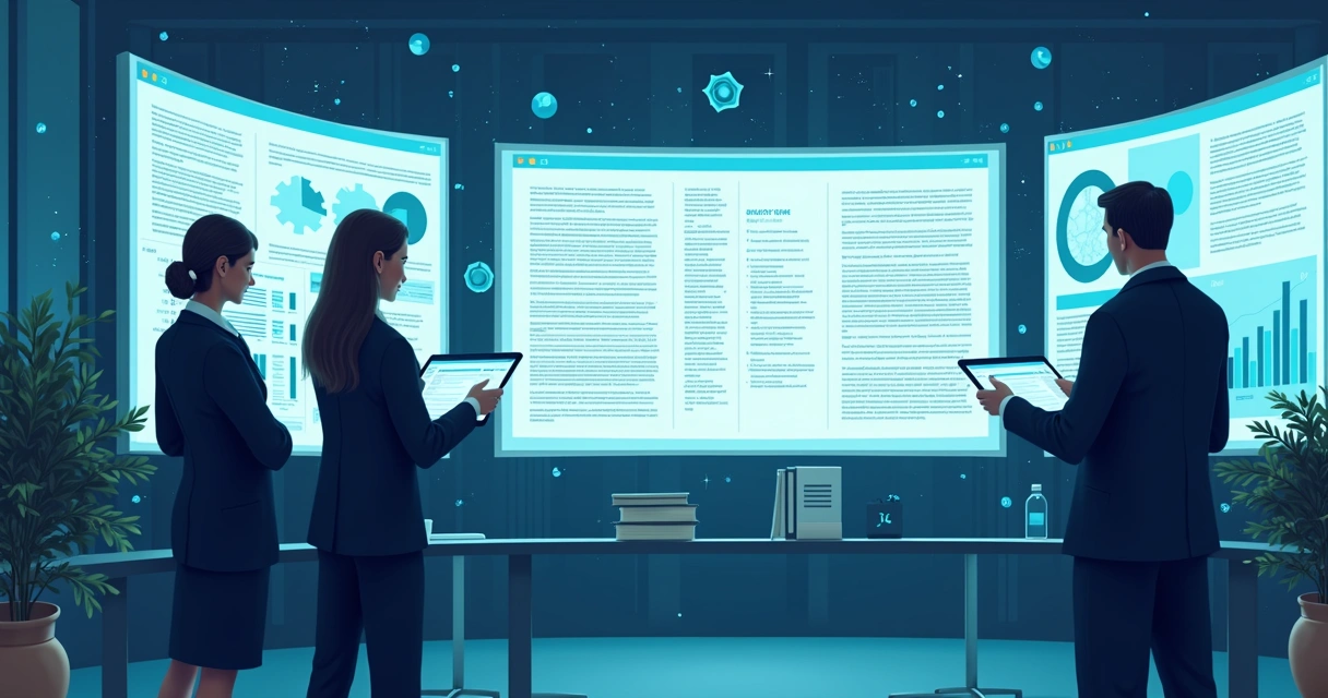 Ilustração moderna com advogados trabalhando em computadores e gráficos digitais ao fundo 