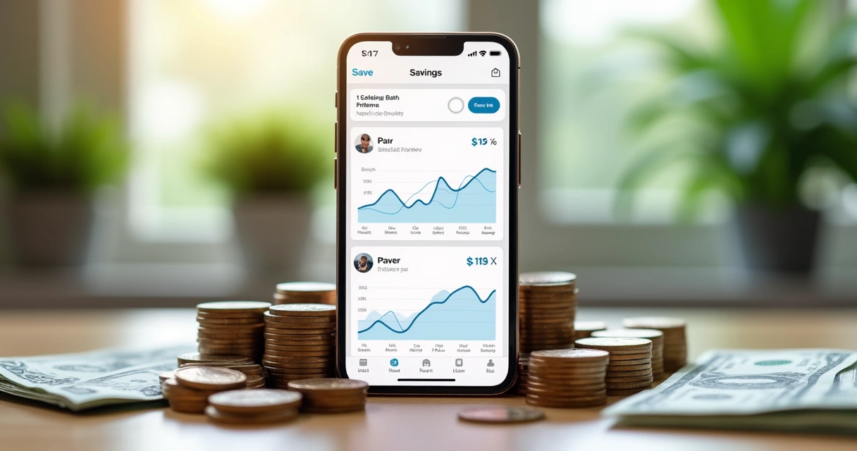 Celular com gráficos financeiros e moedas ao redor 