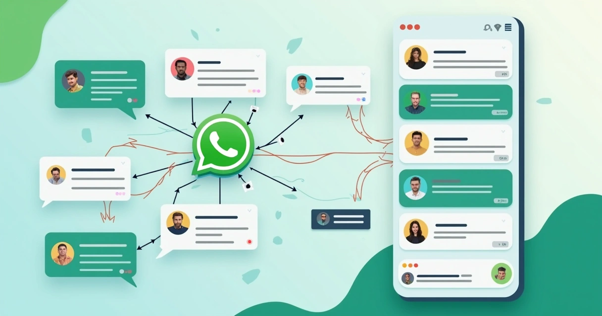 Representação gráfica de automação de mensagens no WhatsApp com ilustrações de fluxos e disparos de mensagens automáticas 