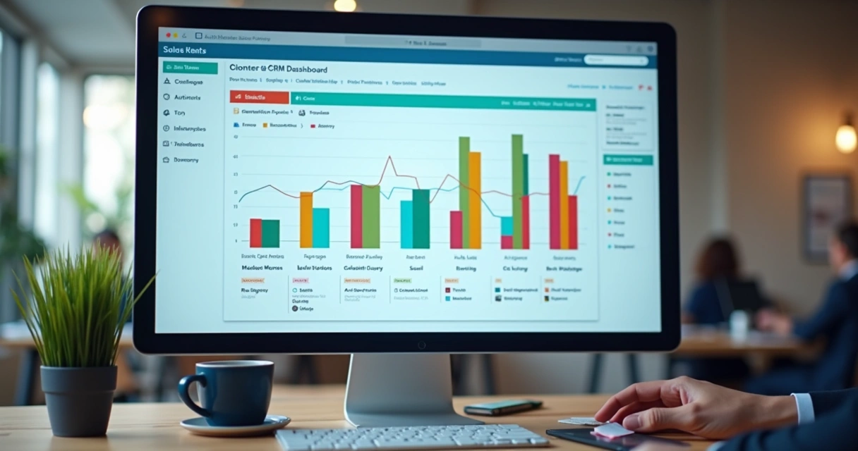 Painel digital mostrando automação de CRM com cards indicando etapas do funil 