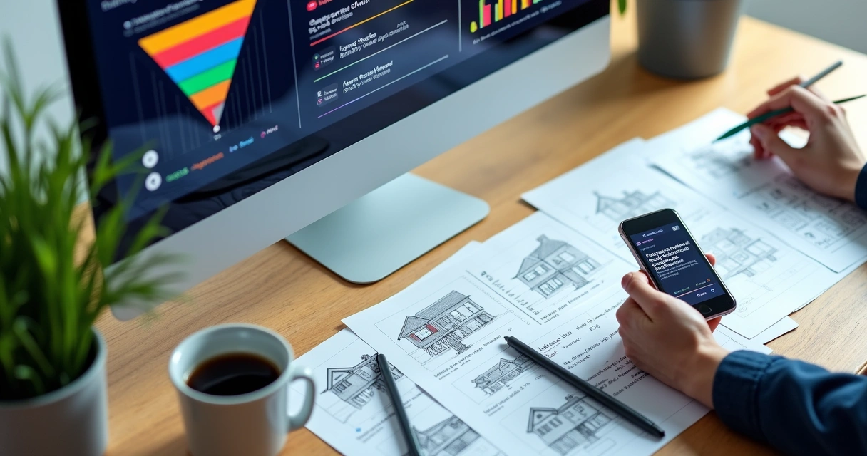 Tela de computador exibindo automações imobiliárias e funis de vendas 