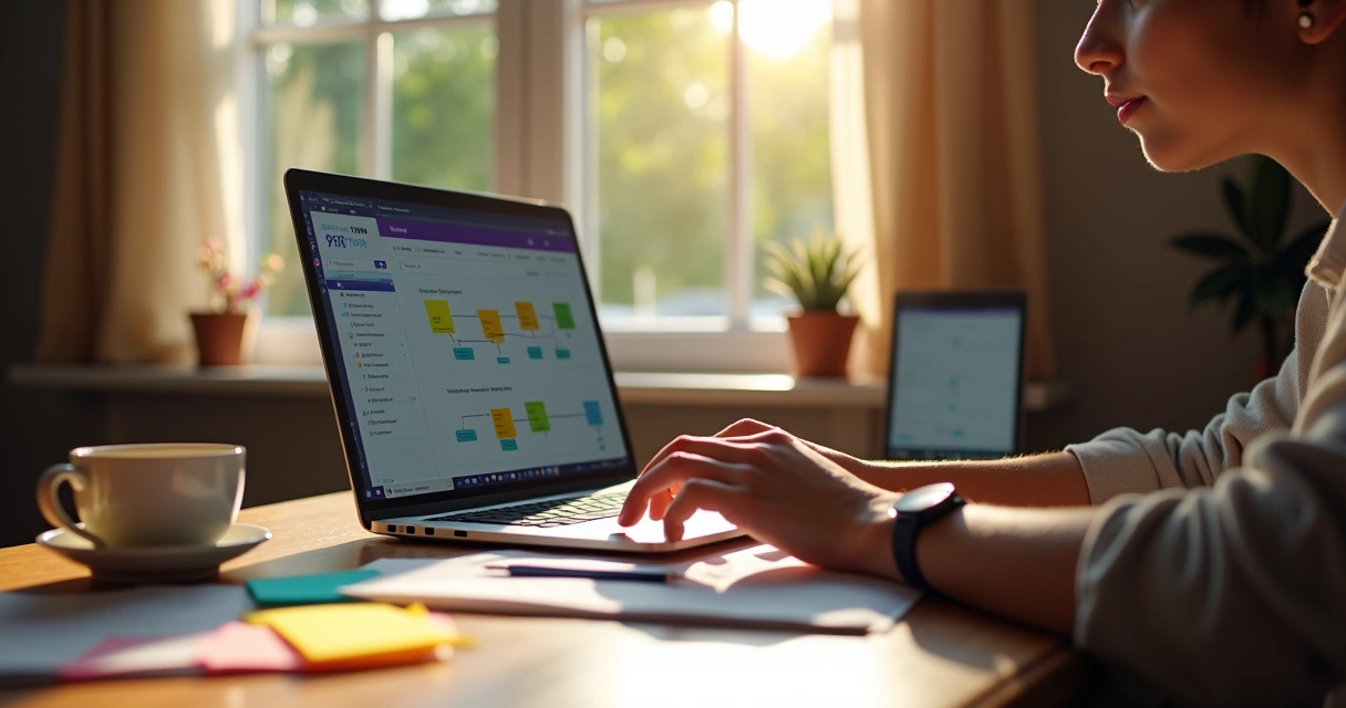 Pessoa usando laptop com painel de automações na tela ao lado de café 