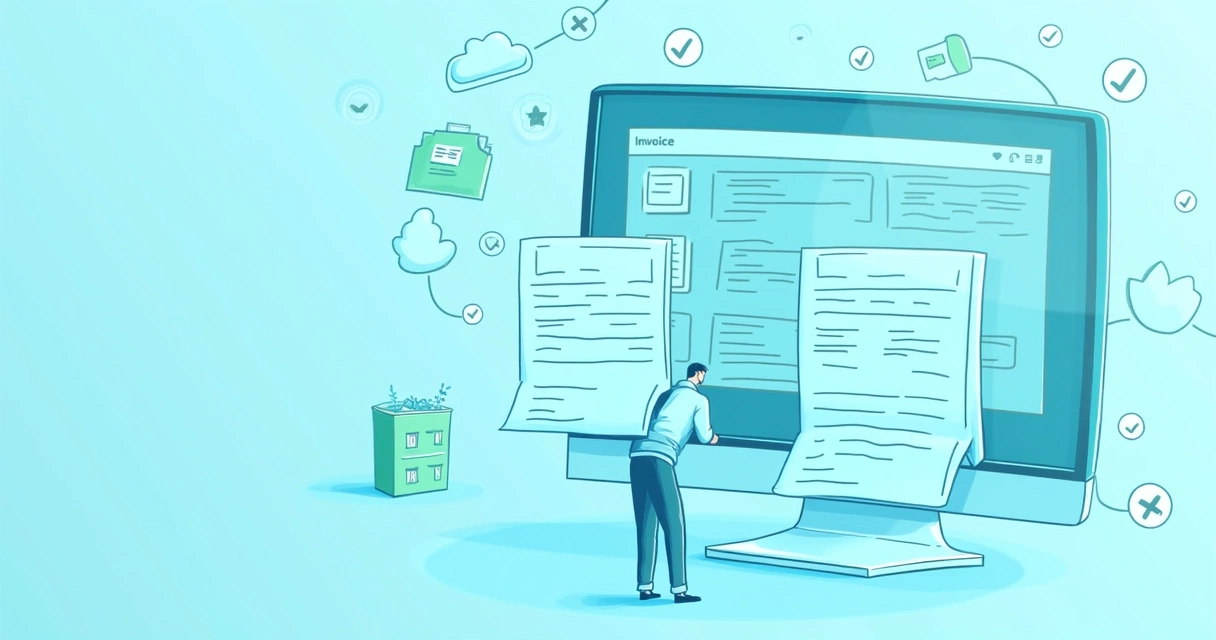 Painel digital mostrando notas fiscais digitalizadas sendo processadas 