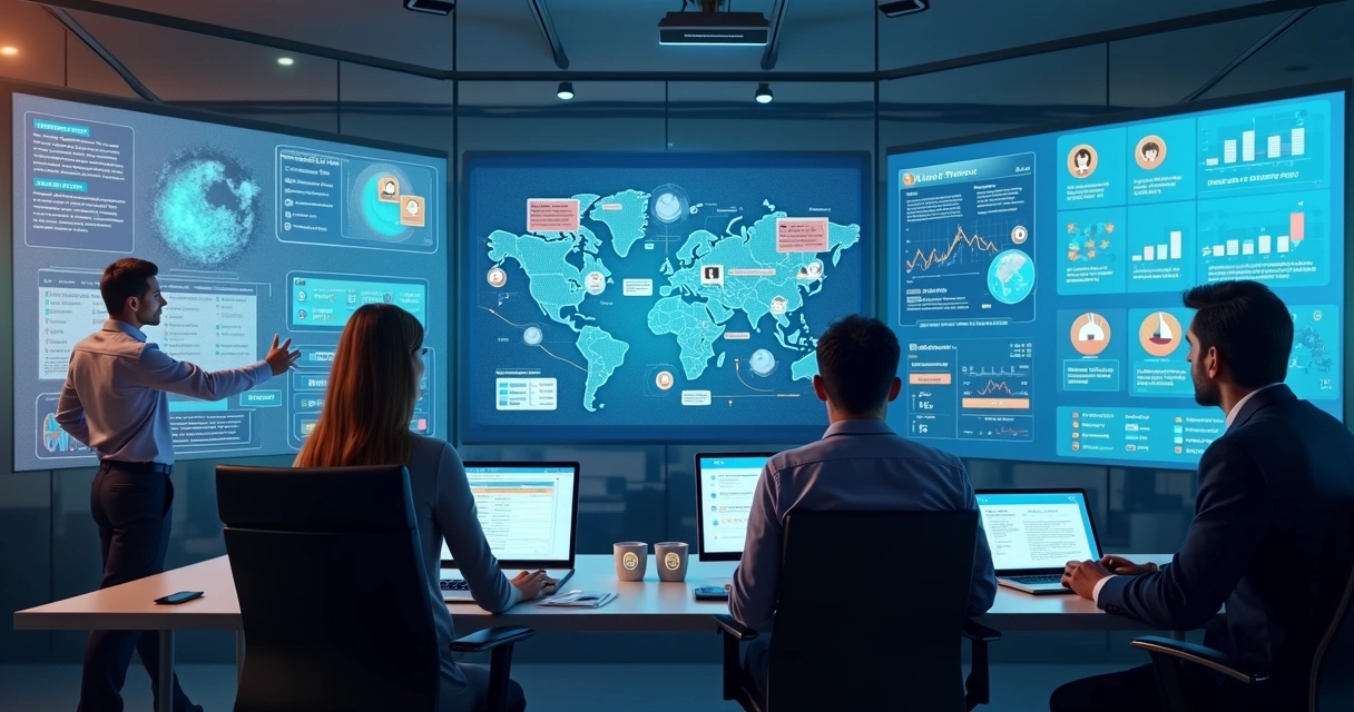Equipe em ambiente de trabalho interagindo com dashboards baseados em IA 