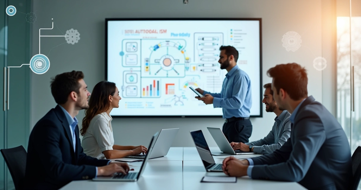 Equipe de escritório reunida, usando computadores e tablets em ambiente moderno 