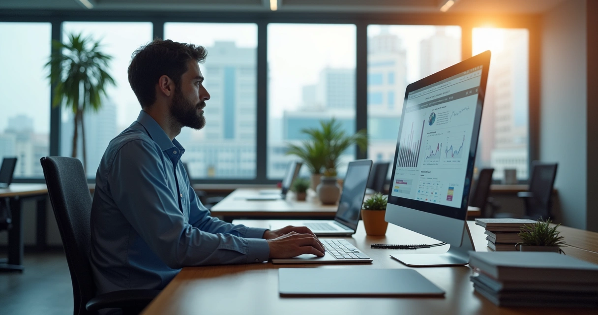 Profissional contábil usando IA no computador em escritório moderno 