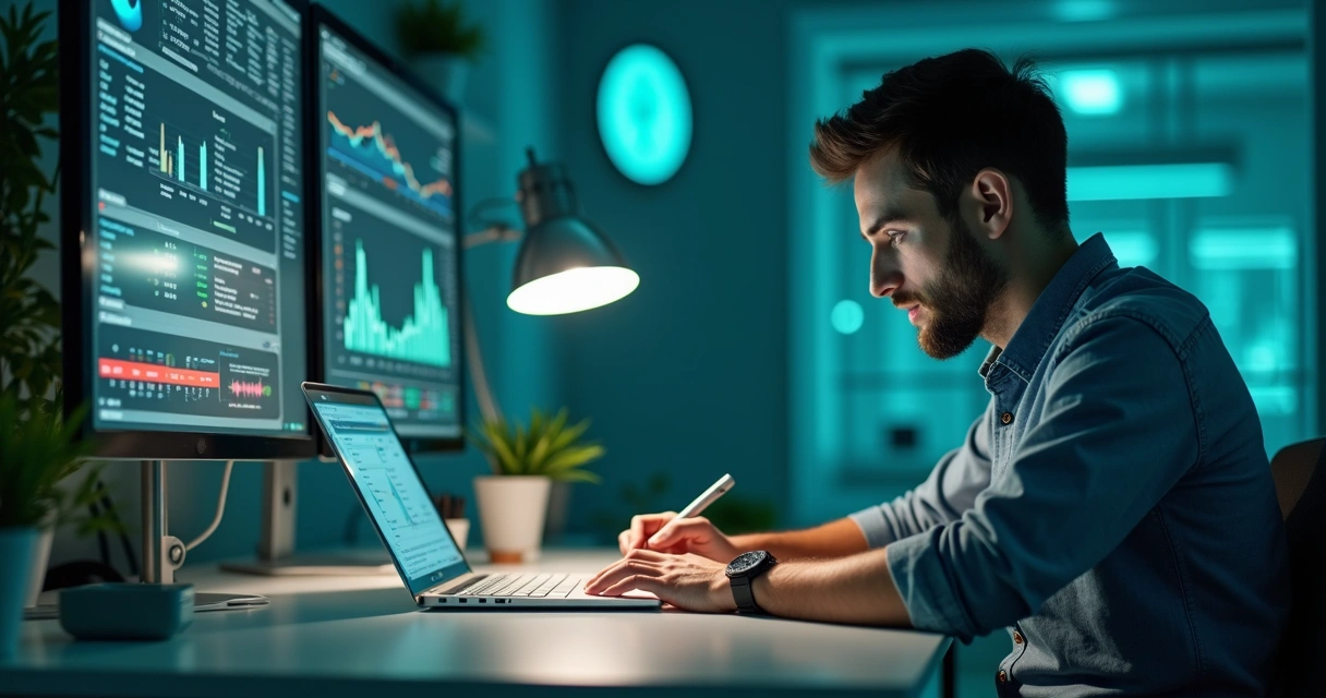 Profissional digitando em notebook com várias janelas de software e gráficos ao fundo 