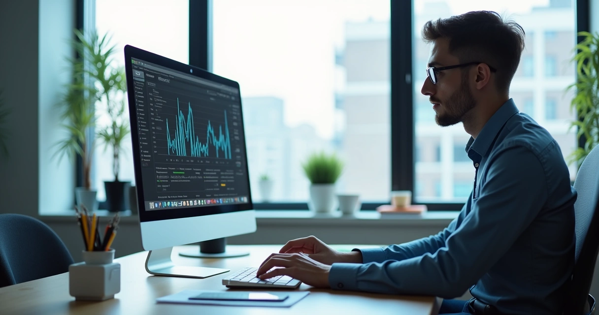 Profissional contábil utilizando computador com gráficos financeiros digitais 