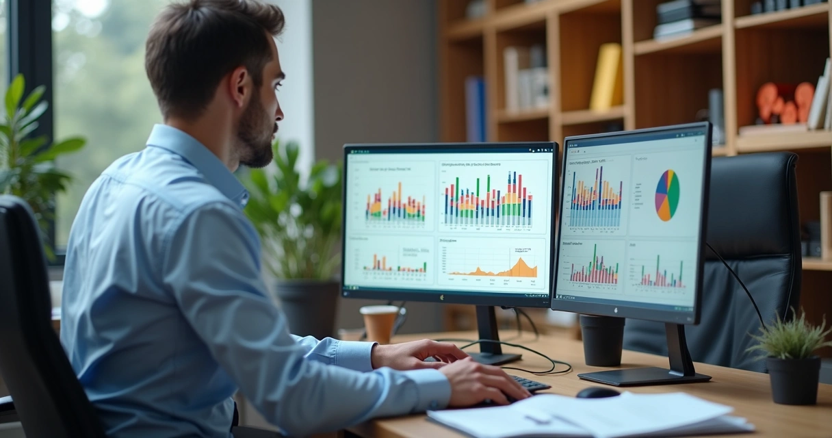 Profissional examinando gráficos coloridos e documentos digitais na tela 