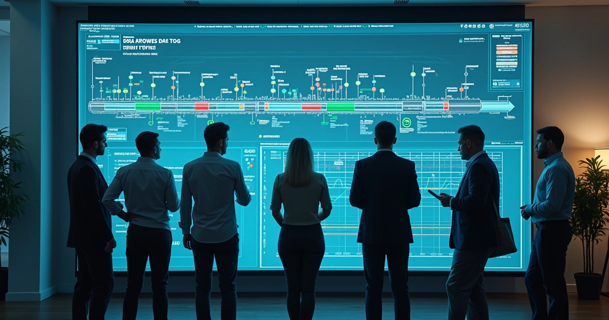 Equipe ajustando painel de automação de pipeline de dados 