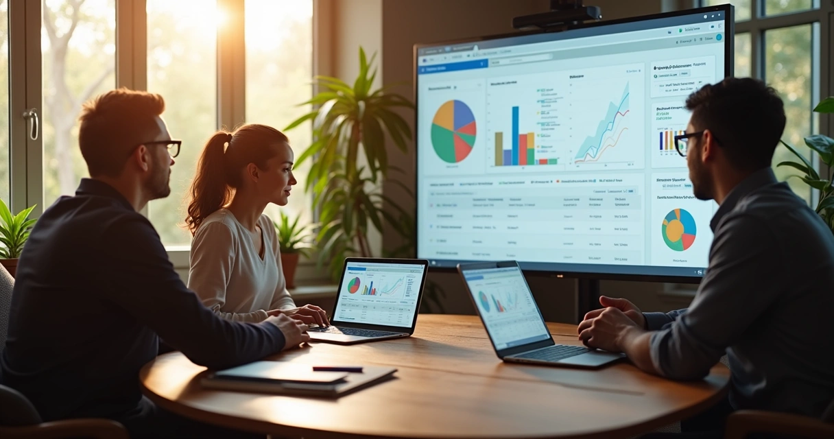 Equipe financeira reunida analisando dashboard de Open Finance em vários dispositivos 