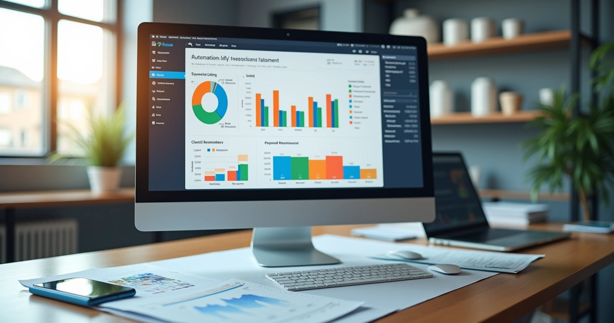 Mesa de escritório com computador exibindo dashboard financeiro, gráficos e automação de cobranças digitais 