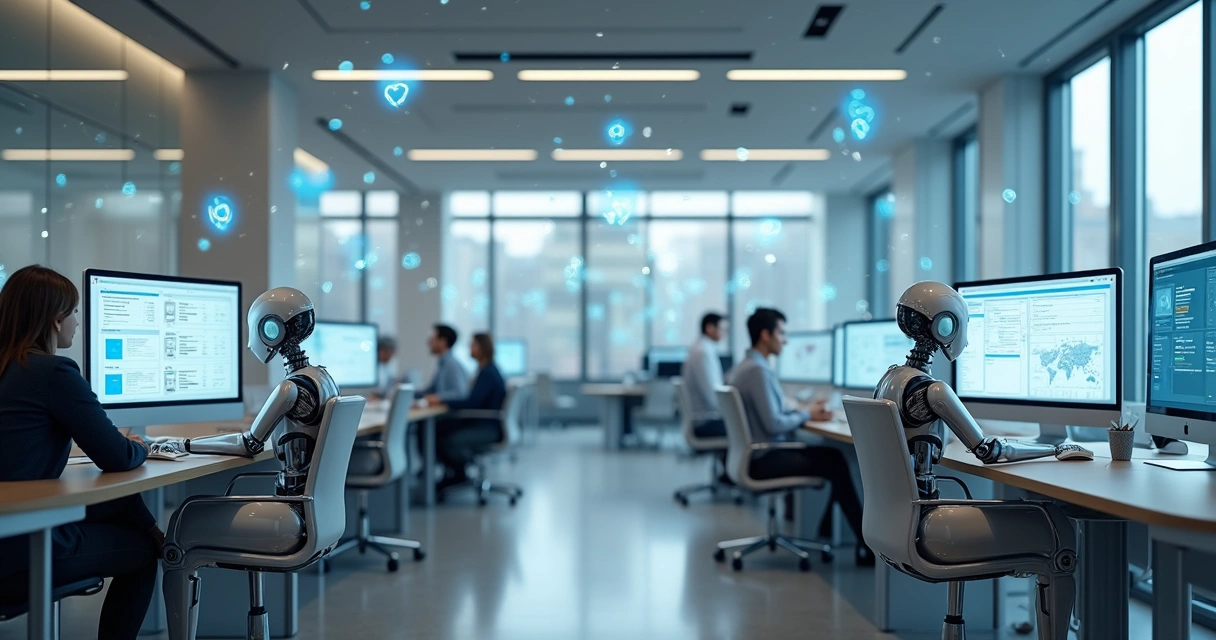 Robôs digitais trabalhando em computadores em um ambiente de escritório moderno 