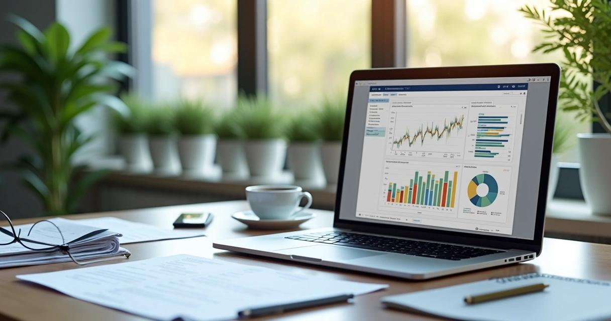 Mesa de escritório com laptop exibindo softwares de automação fiscal e gráficos financeiros em tela, papéis organizados, café, e plantas decorativas ao lado 