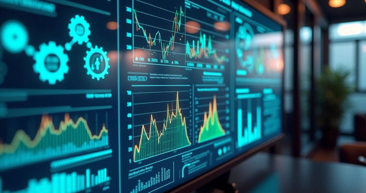 Painel digital mostra gráficos fiscais com elementos tecnológicos 