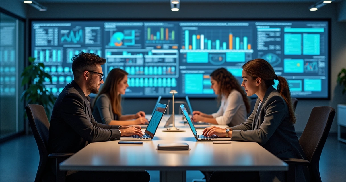 Equipe reunida em mesa com computadores integrando dados e painéis digitais 