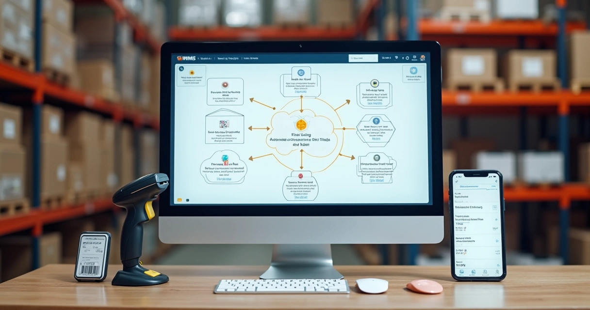 Tela de computador mostrando fluxos automatizados de estoque em pequeno comércio 