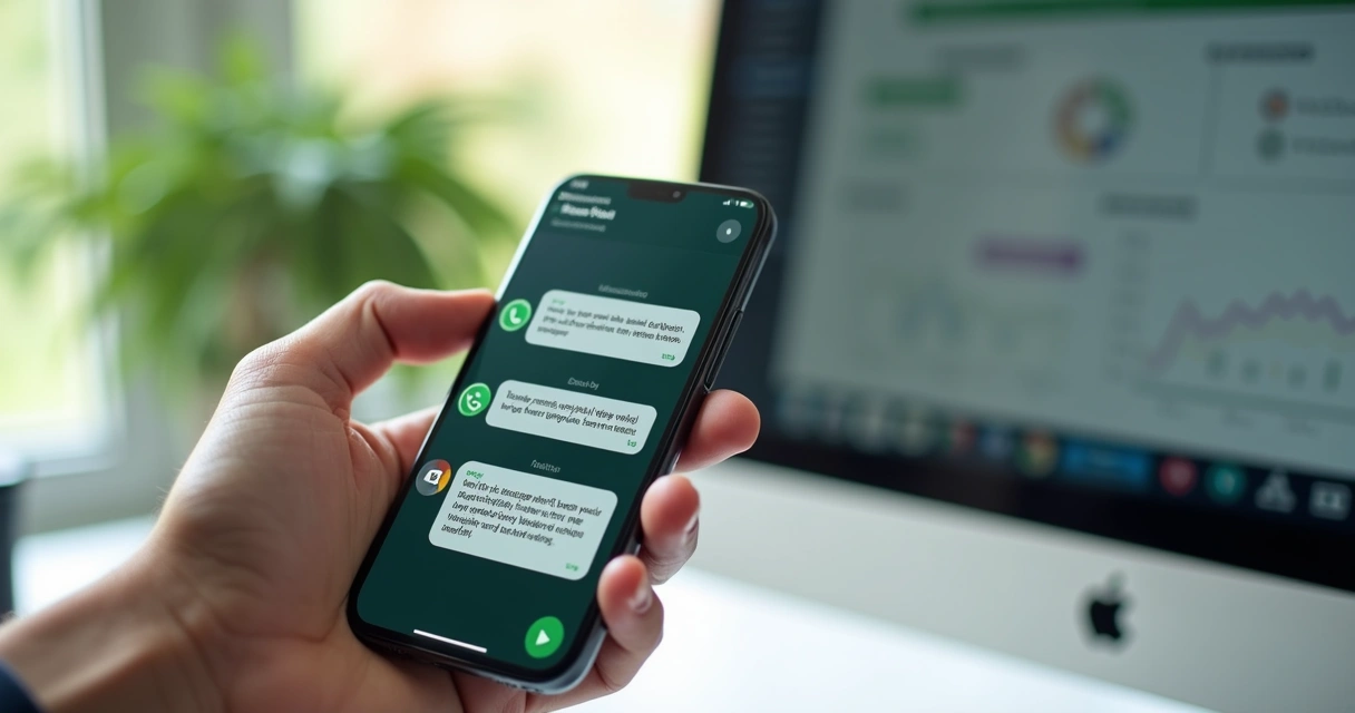 Tela de smartphone com conversa de WhatsApp mostrando mensagens automáticas personalizadas para follow-up de vendas 