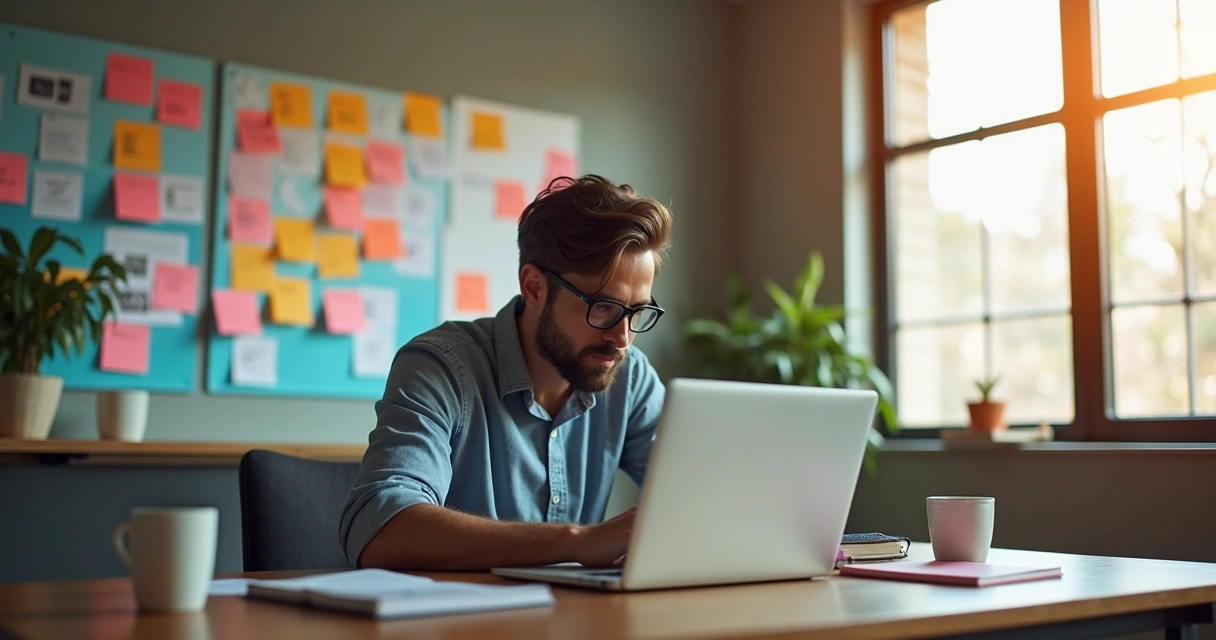 Freelancer digitando em notebook rodeado de post-its digitais, gráficos e ícones automatizados 