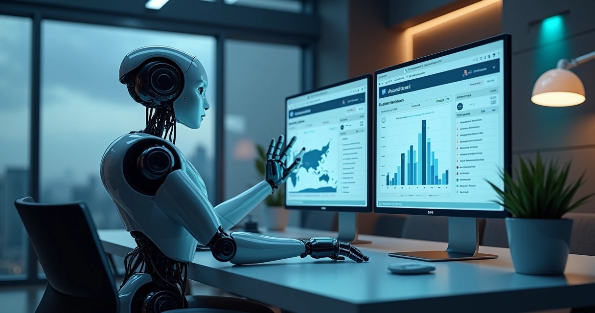 Robô digital trabalhando em tarefas de vendas e automação em três telas. 