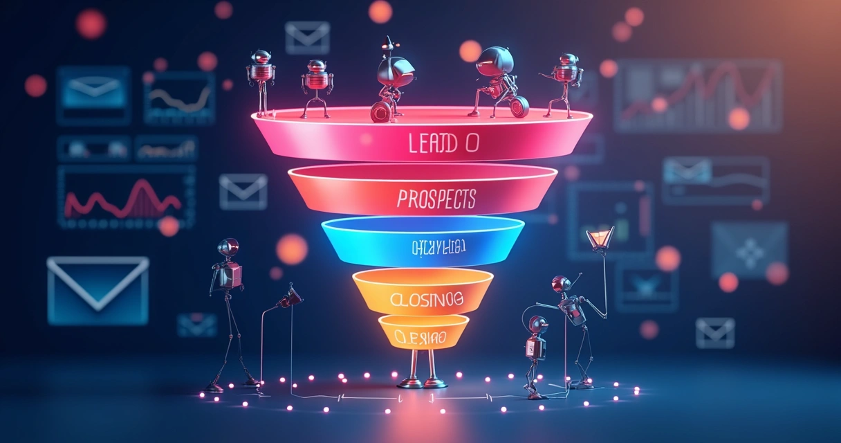 Representação visual do funil de vendas automatizado com etapas e automações.