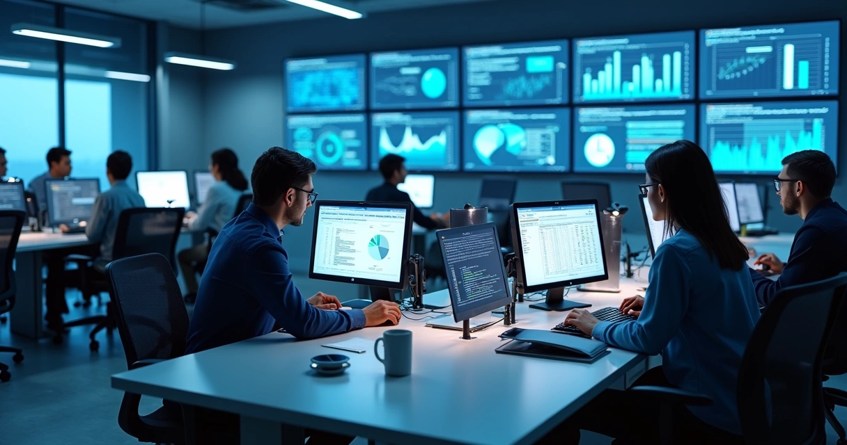 Equipe de contabilidade usando telas digitais em escritório moderno 