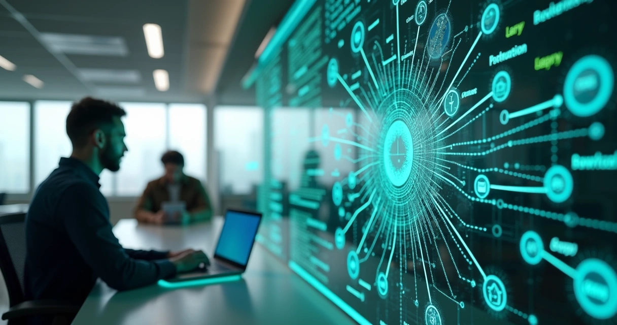 IA processando dados conectados em interface empresarial moderna 