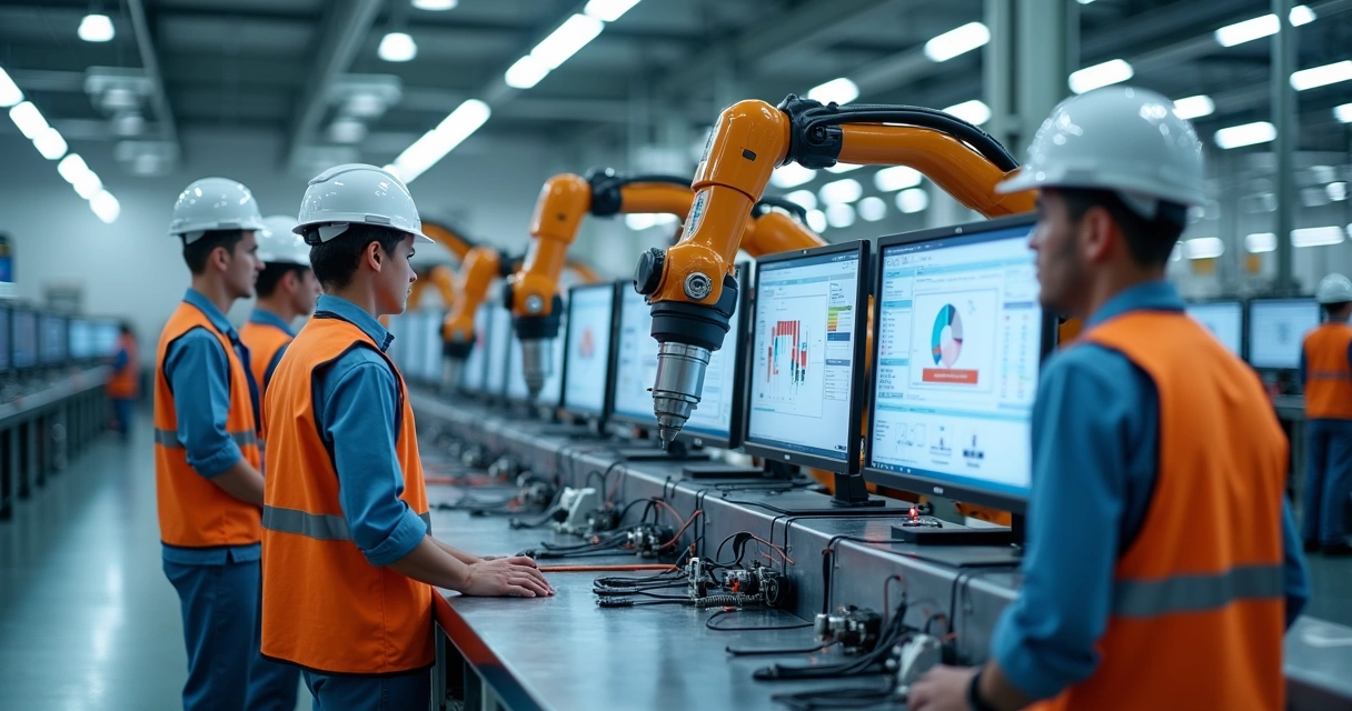 Linha de produção com robôs e sistemas digitais integrados 