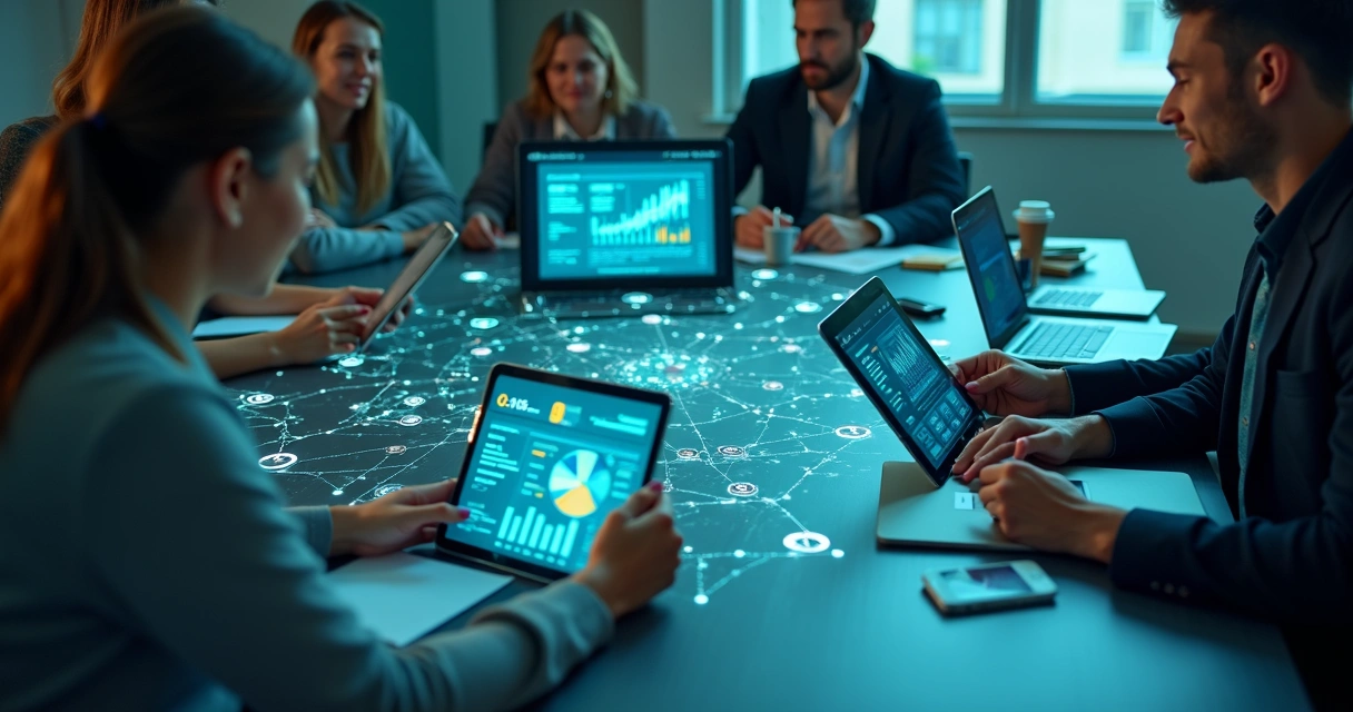 Equipe analisando painéis integrados em diferentes dispositivos, mostrando automação 