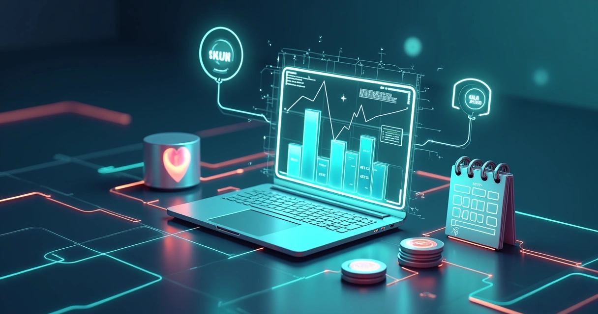 Ilustração de automação de investimentos com computador e gráficos digitais 